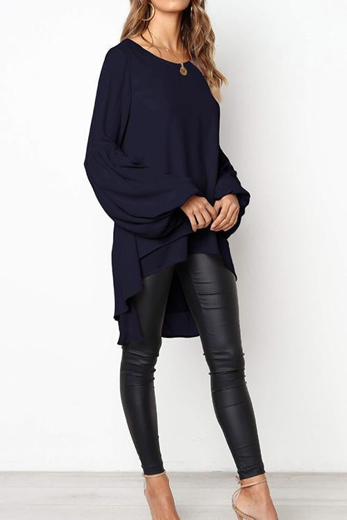 Puff Sleeve Lrregular Hem Solid Color Long Sleeve T-Shirt-Pinkami