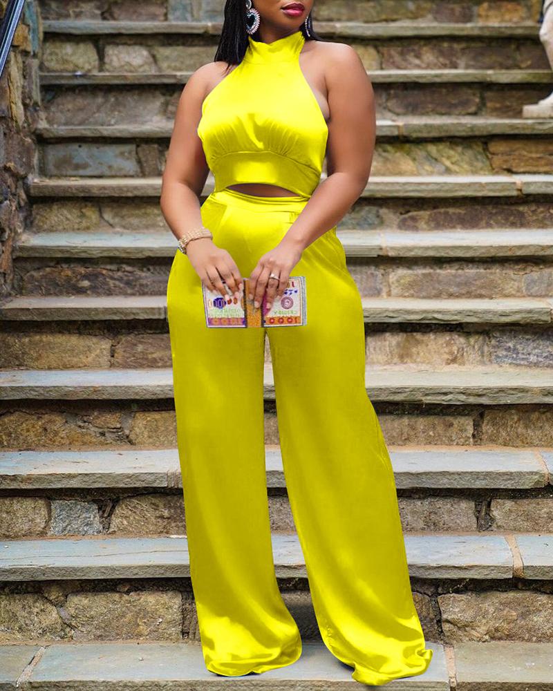 Solid Halter Crop Top & Wide Leg Pants Set-Pinkami