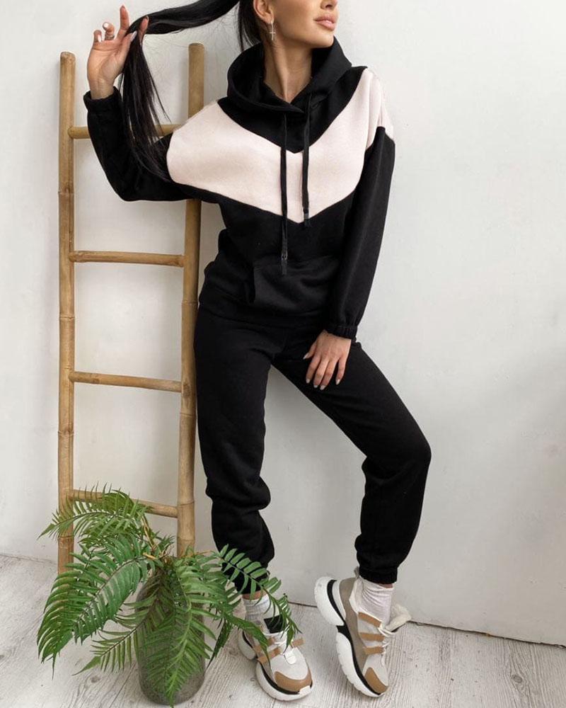Two Tone Chevron Pattern Hoodie & Pants Set-Pinkami