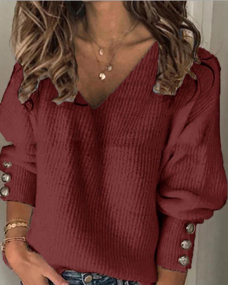 Solid Rib-Knit Button Detail V Neck Top-Pinkami