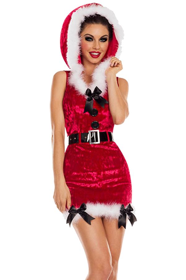 Sexy Hooded Bow Tie Christmas Santa Dress Costume Red