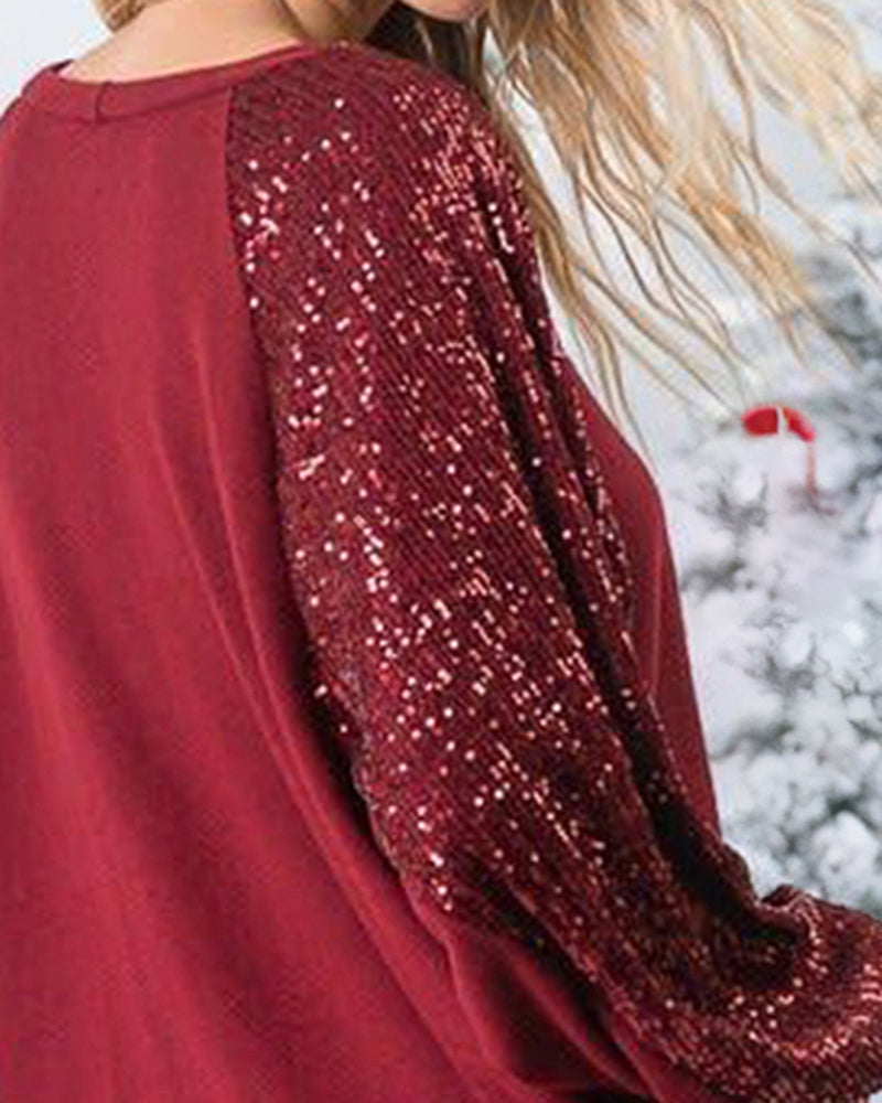 Solid Sequin Raglan Sleeve Oversized T-Shirt-Pinkami