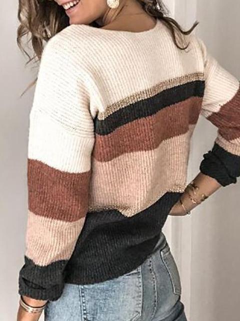 Casual Loose Stripe V-Neckline Sweater-Pinkami
