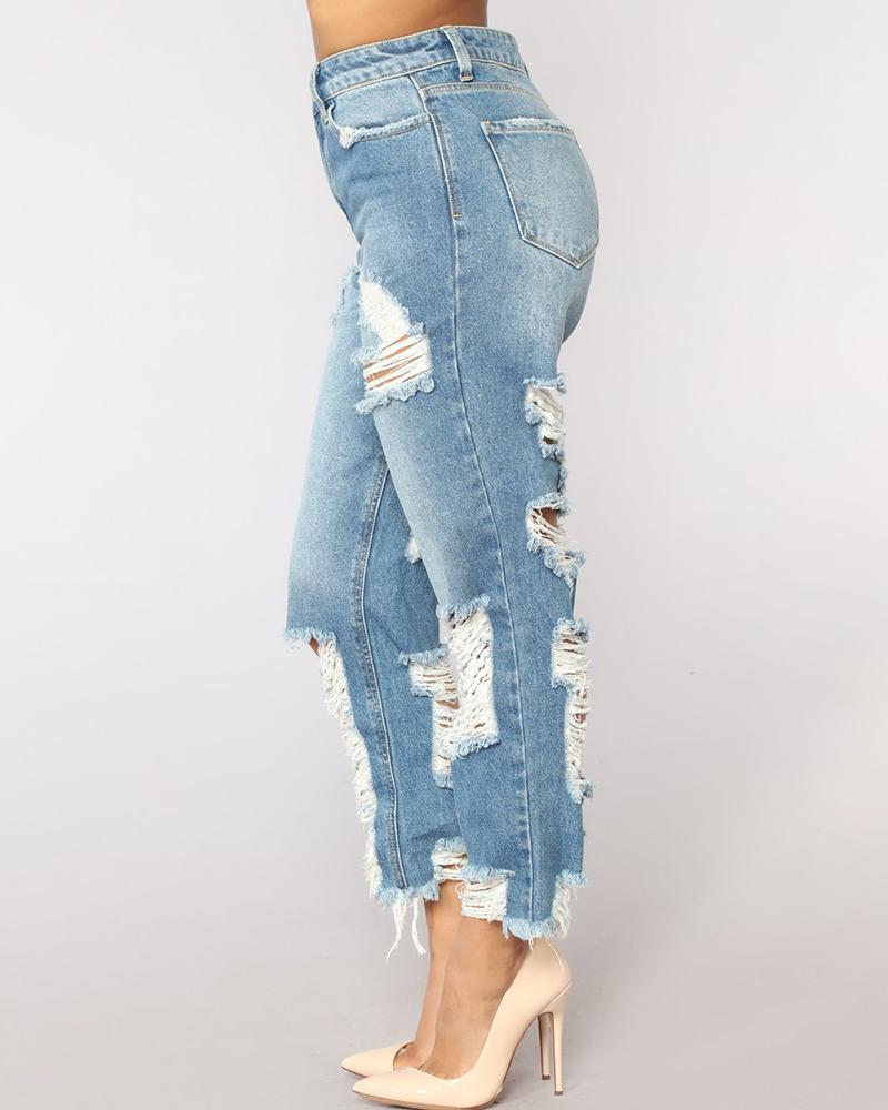 Women Ripped Distressed Straight Leg Crop Jeans-Pinkami
