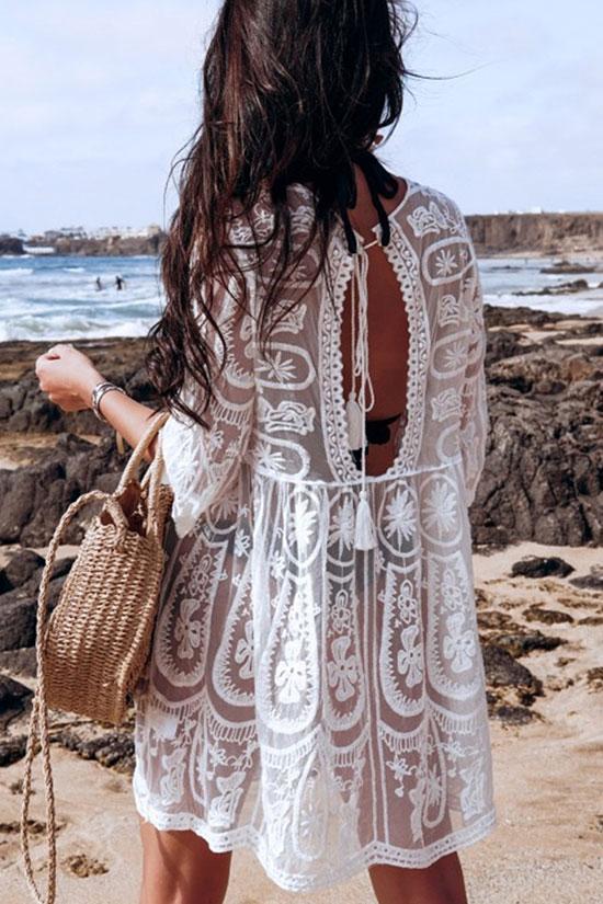 Paisley Lace Crochet Sleeved Sheer Tunic Cover Up-Pinkami