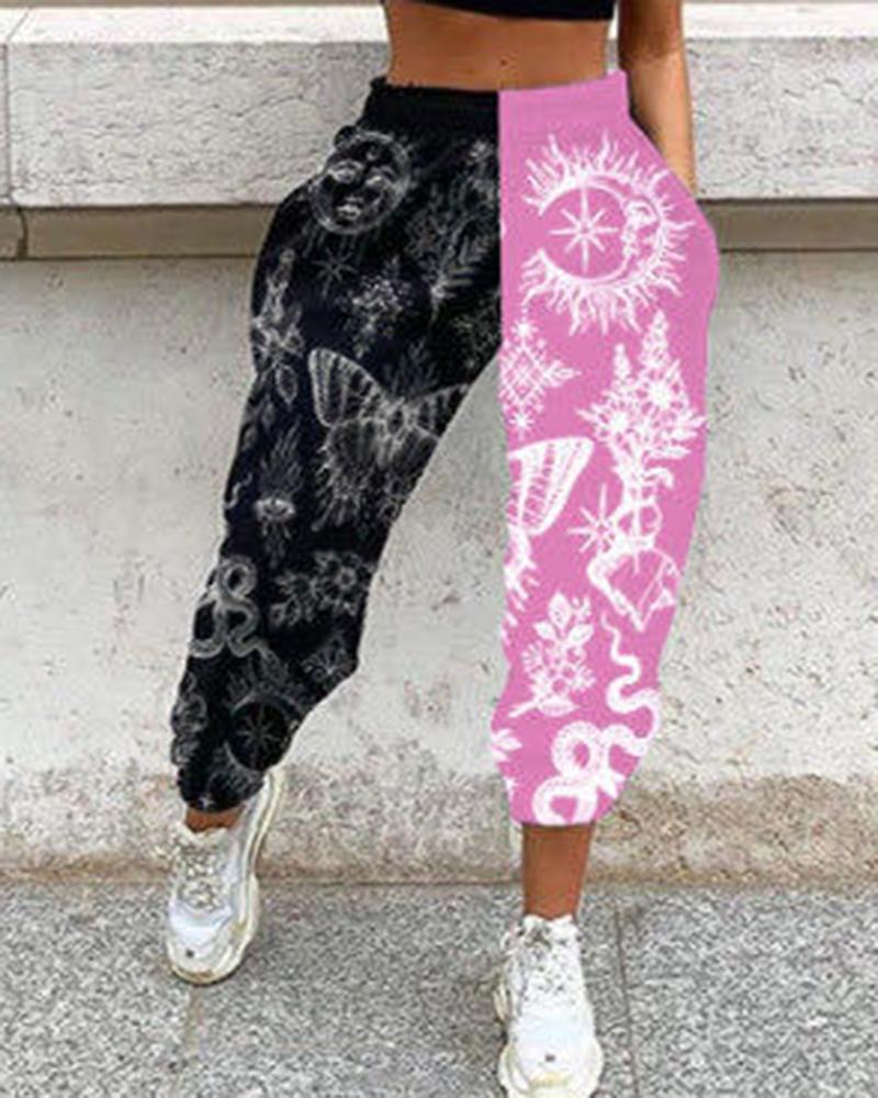 Colorblock & Graphic Print Slant Pocket Sports Pants For Women-Pinkami