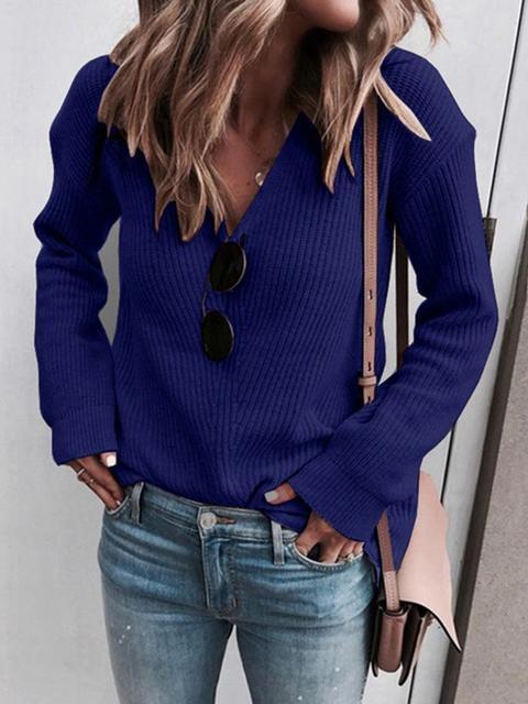 V-Neck Solid Color Knitted Sweater-Pinkami