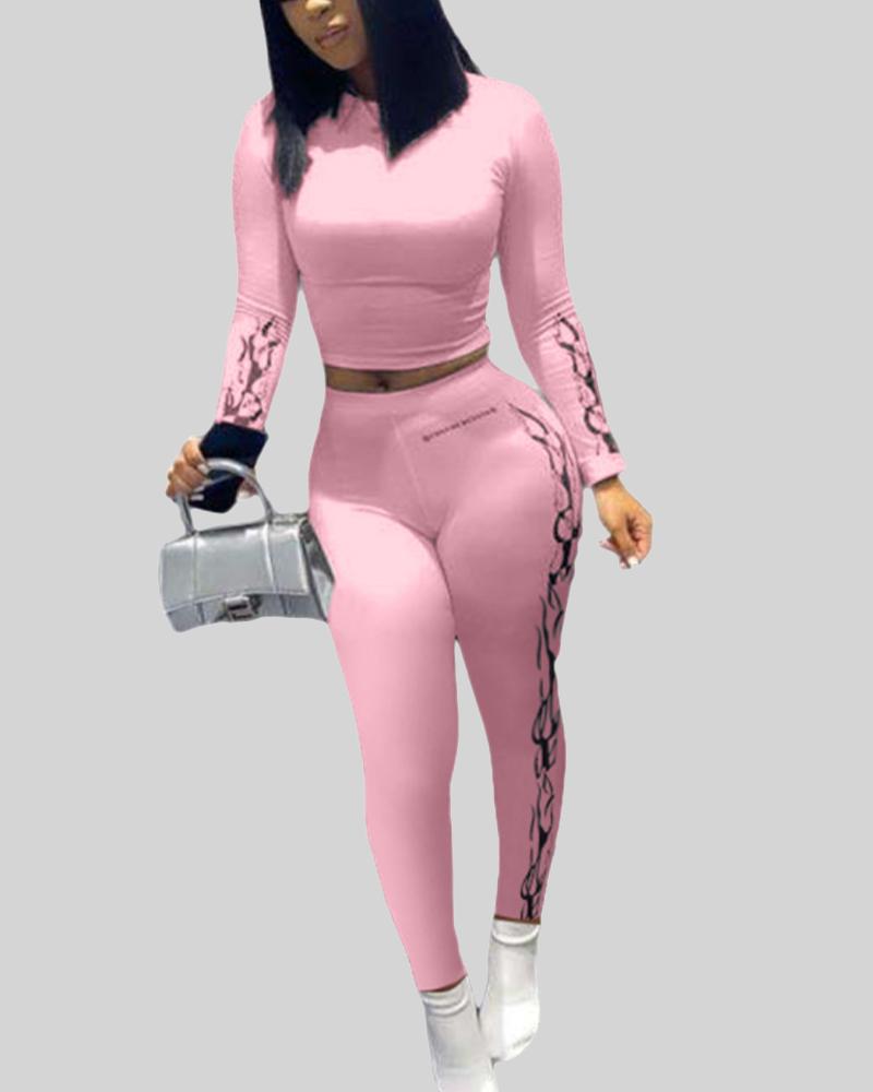 Letter & Graphic Print Long Sleeve Top & Pants Set-Pinkami