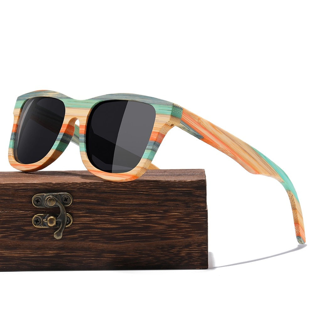 Skateboard Wood Bamboo Polarized Mirror Square Sunglasses