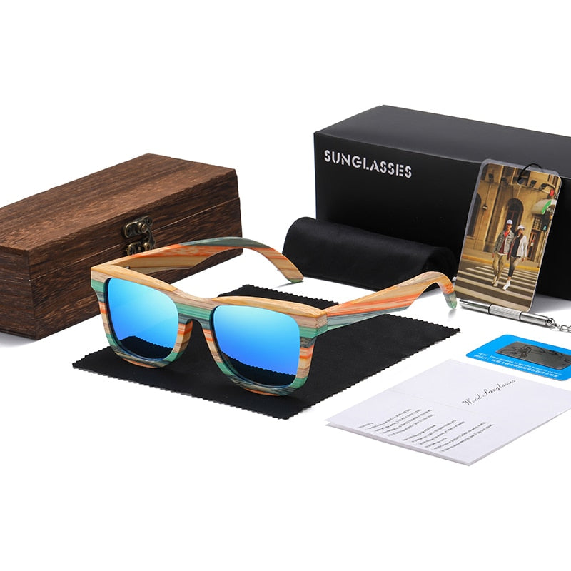 Skateboard Wood Bamboo Polarized Mirror Square Sunglasses