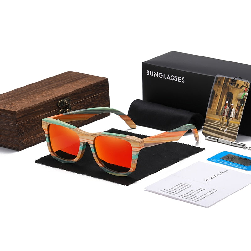Skateboard Wood Bamboo Polarized Mirror Square Sunglasses