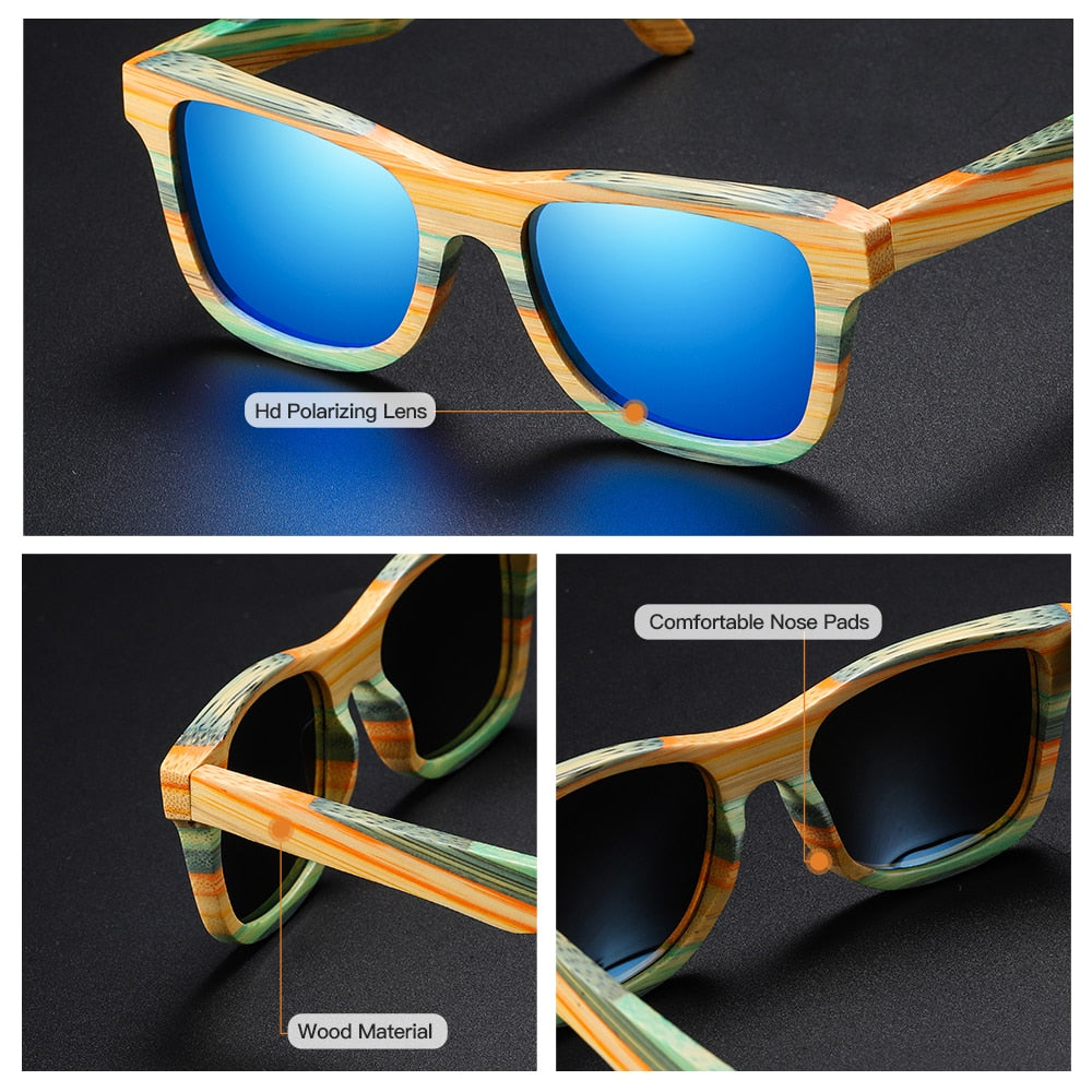 Skateboard Wood Bamboo Polarized Mirror Square Sunglasses