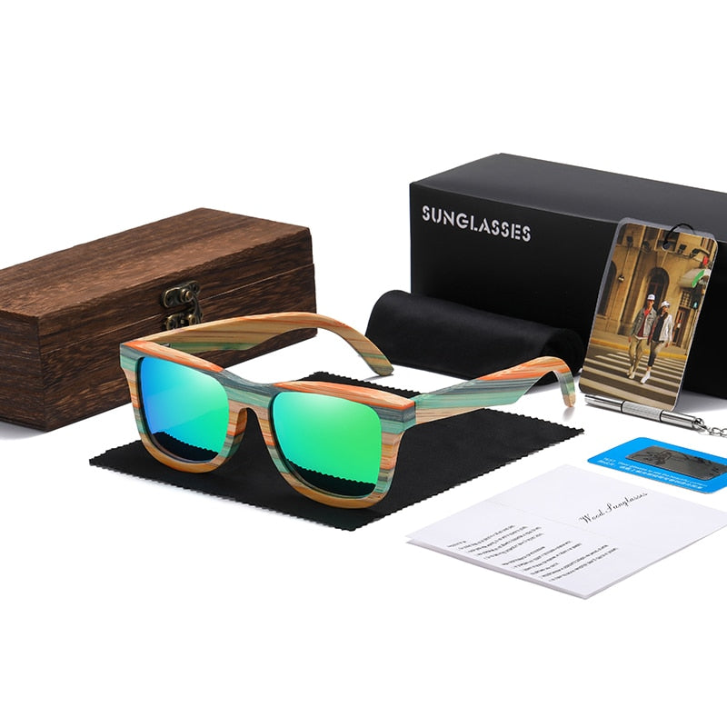 Skateboard Wood Bamboo Polarized Mirror Square Sunglasses
