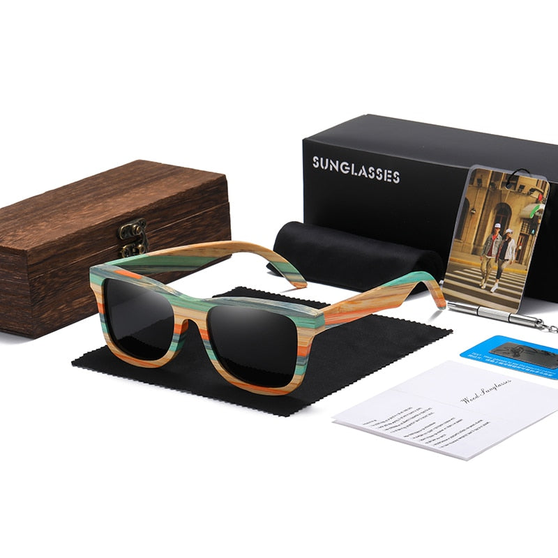 Skateboard Wood Bamboo Polarized Mirror Square Sunglasses