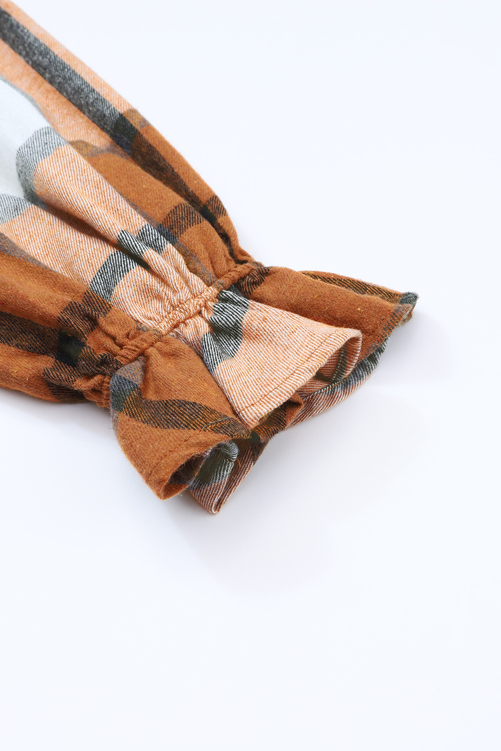 Khaki Plaid Pattern Collared Neck Ruffled Sleeve Shirt Casual Dress