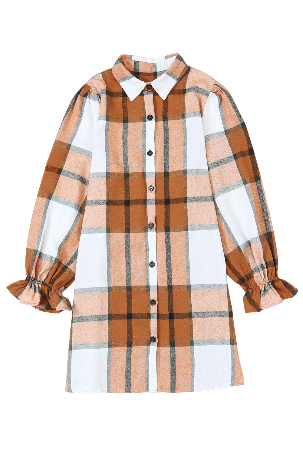 Khaki Plaid Pattern Collared Neck Ruffled Sleeve Shirt Casual Dress