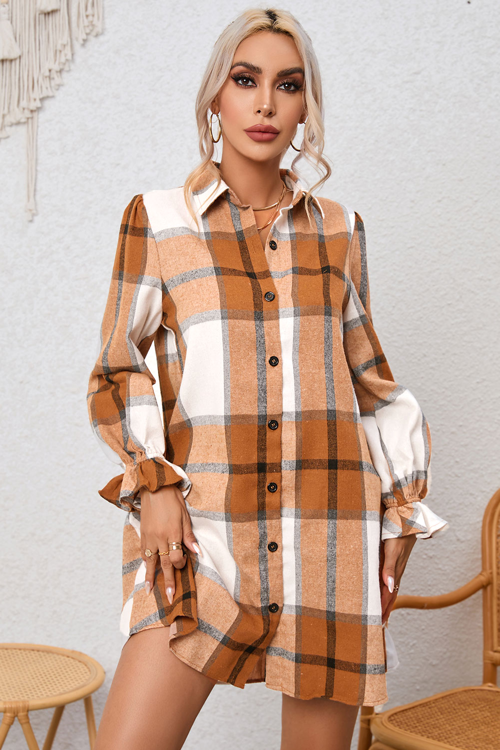 Khaki Plaid Pattern Collared Neck Ruffled Sleeve Shirt Casual Dress