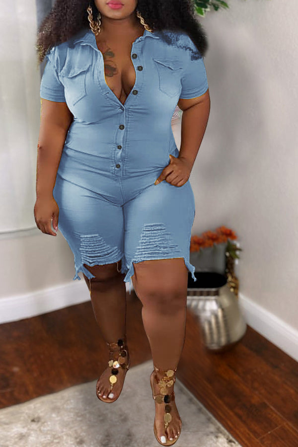 Denim Hole Distressed Solid Color Plus Size Rompers