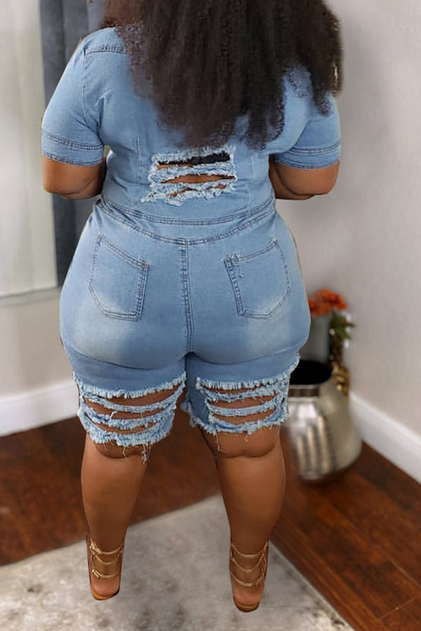 Denim Hole Distressed Solid Color Plus Size Rompers