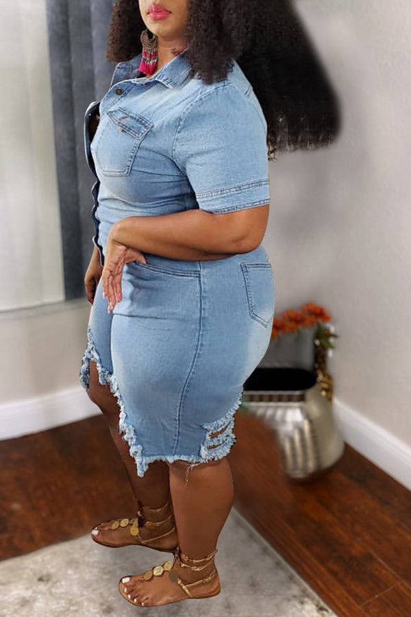 Denim Hole Distressed Solid Color Plus Size Rompers