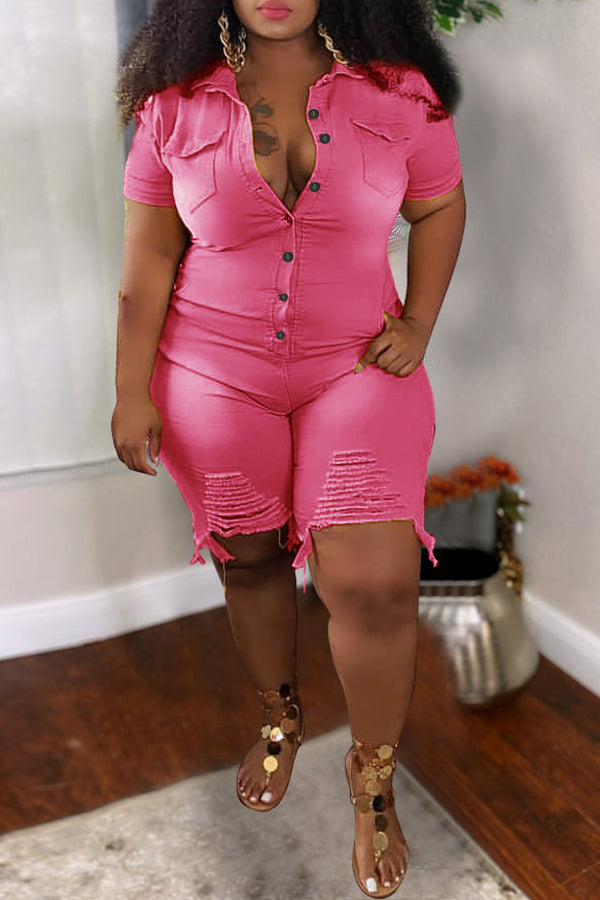 Denim Hole Distressed Solid Color Plus Size Rompers