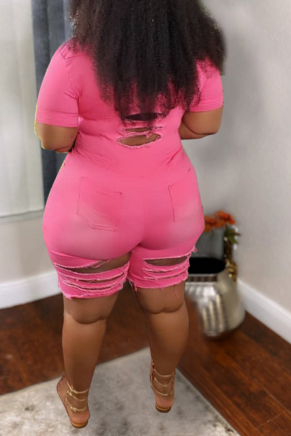 Denim Hole Distressed Solid Color Plus Size Rompers