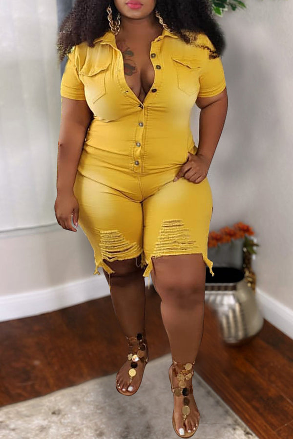 Denim Hole Distressed Solid Color Plus Size Rompers