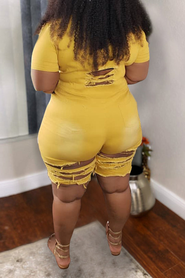 Denim Hole Distressed Solid Color Plus Size Rompers