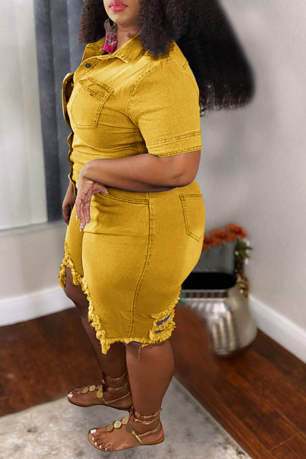 Denim Hole Distressed Solid Color Plus Size Rompers