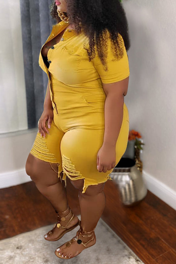 Denim Hole Distressed Solid Color Plus Size Rompers