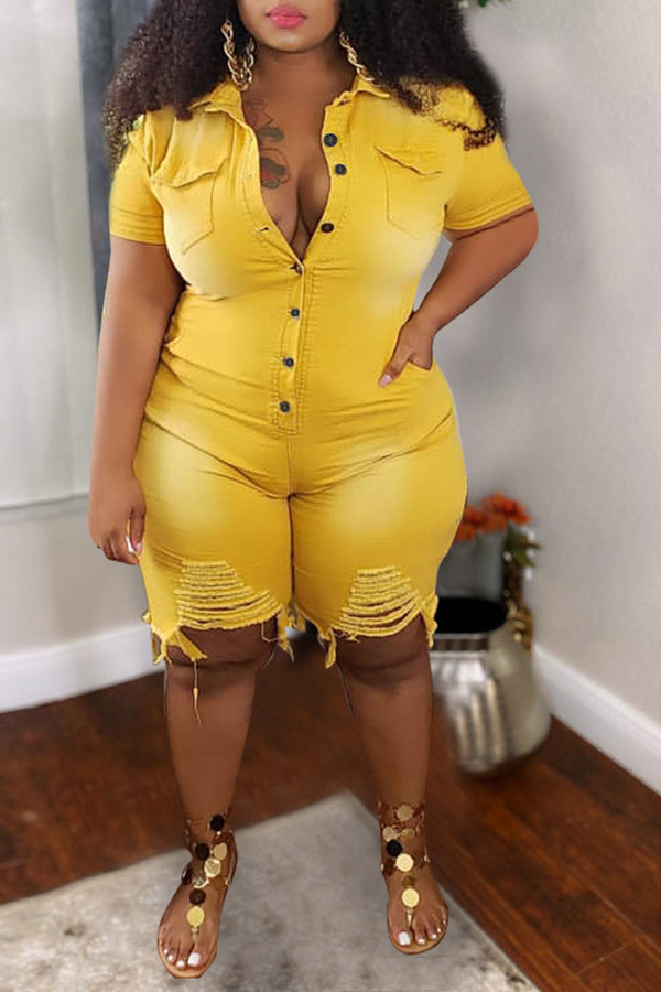 Denim Hole Distressed Solid Color Plus Size Rompers