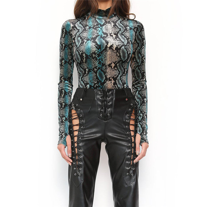 Snake Skin Print Turtle Print Long Sleeve Bodysuit