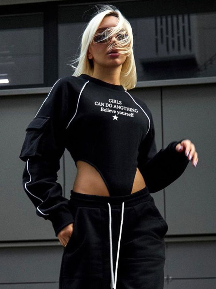 Long Sleeve Letter Print Line Panelled Bodysuit