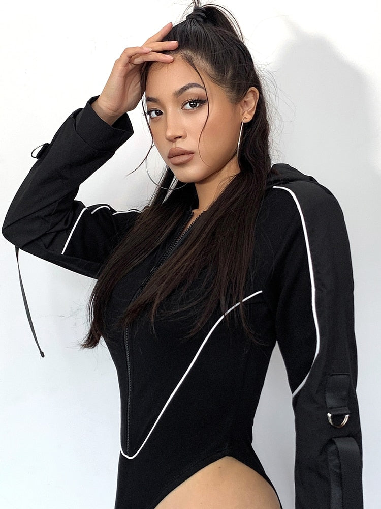 Motocycle Style Zipper Hooded Bodysuit