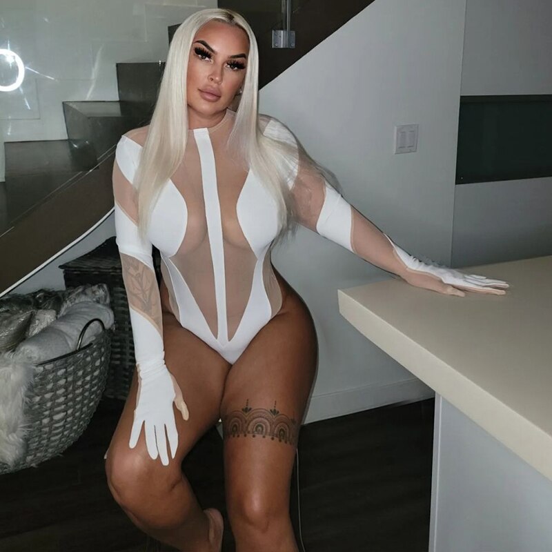 Long Sleeve Mesh Patchwork Bodysuit