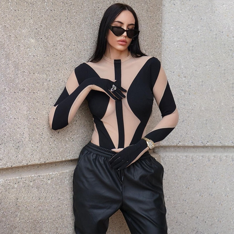Long Sleeve Mesh Patchwork Bodysuit