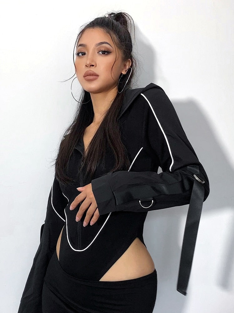 Motocycle Style Zipper Hooded Bodysuit