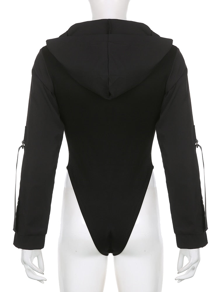 Motocycle Style Zipper Hooded Bodysuit