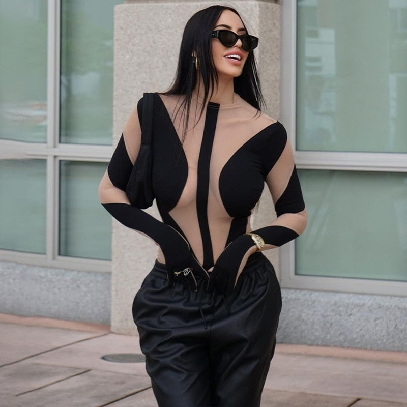 Long Sleeve Mesh Patchwork Bodysuit