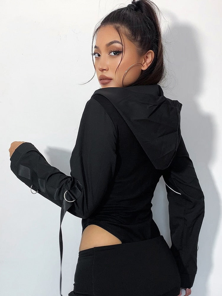 Motocycle Style Zipper Hooded Bodysuit
