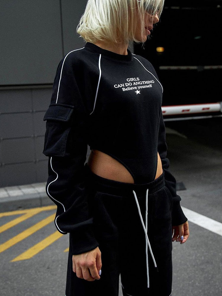 Long Sleeve Letter Print Line Panelled Bodysuit