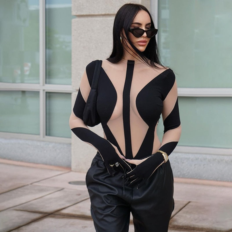 Long Sleeve Mesh Patchwork Bodysuit