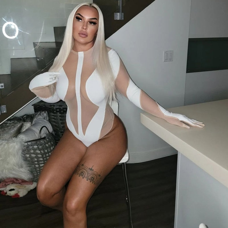 Long Sleeve Mesh Patchwork Bodysuit