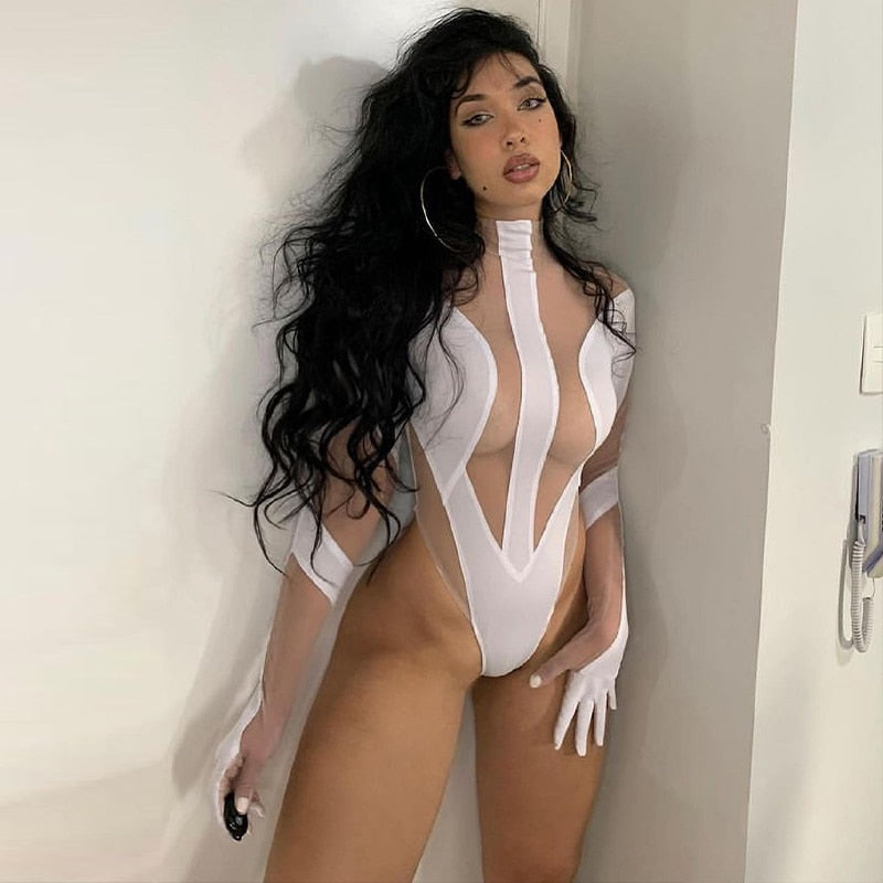 Long Sleeve Mesh Patchwork Bodysuit