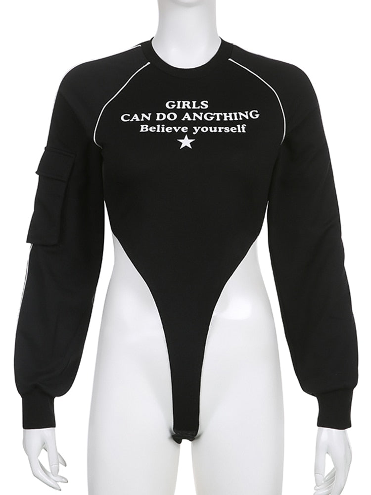 Long Sleeve Letter Print Line Panelled Bodysuit