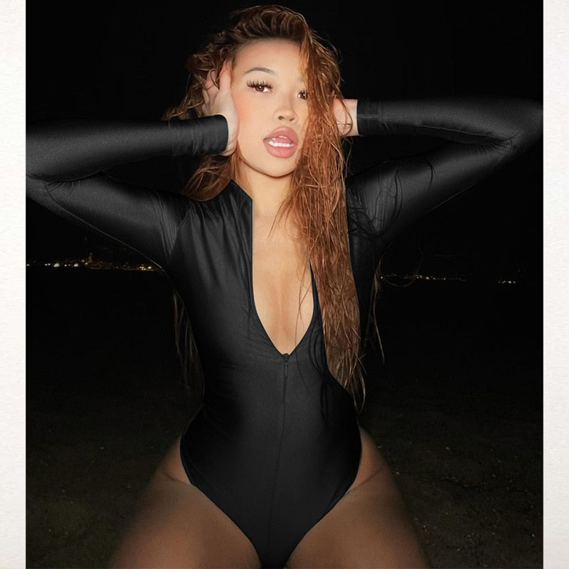 Front Zipper Long Sleeve Bodysuit