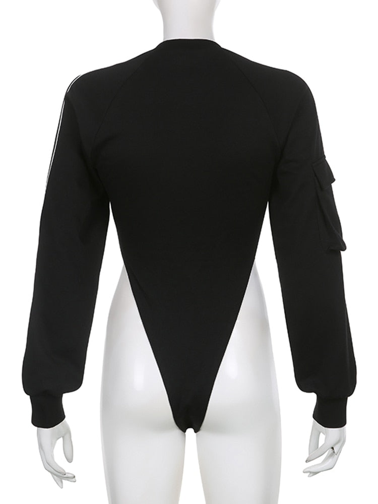 Long Sleeve Letter Print Line Panelled Bodysuit