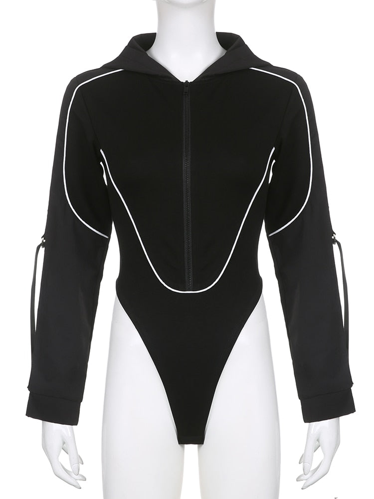 Motocycle Style Zipper Hooded Bodysuit