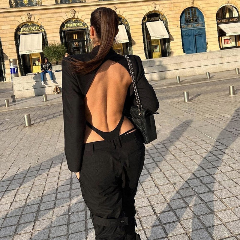 Deep V Backless High Cut Bodycon Bodysuit