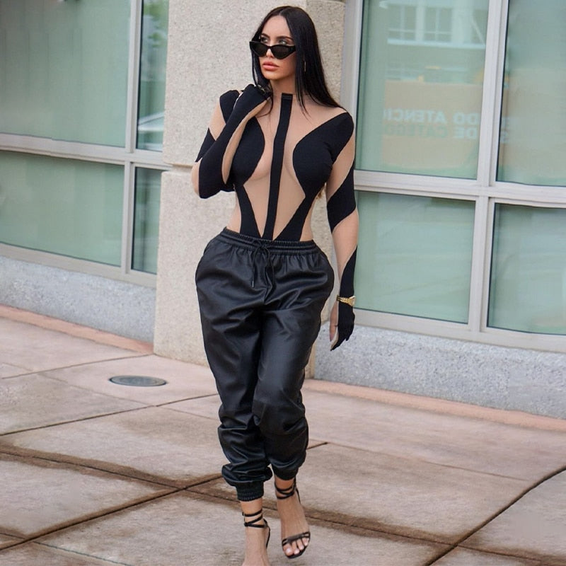 Long Sleeve Mesh Patchwork Bodysuit